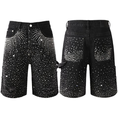 Purple Jeans Luxury Bling Men's Black Jean Shorts Covered in Shiny Rhinestones for Night Out Fashion 5099