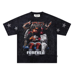 BKYS Vintage Portrait Rhinestone Graphic Loose Streetwear T-Shirt