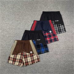 Broken Planet Retro Splicing Color Contrast Embroidered Stripe Grid Drawstring Shorts