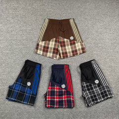 Broken Planet Retro Splicing Color Contrast Embroidered Stripe Grid Drawstring Shorts