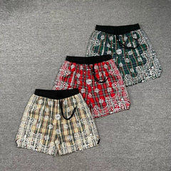 Broken Planet embroidered cashew flower full print striped checkered drawstring shorts