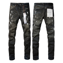 Mens Purple Ripped Jeans Stylish Slim Fit Black Paint High Street Denim Pants 9036