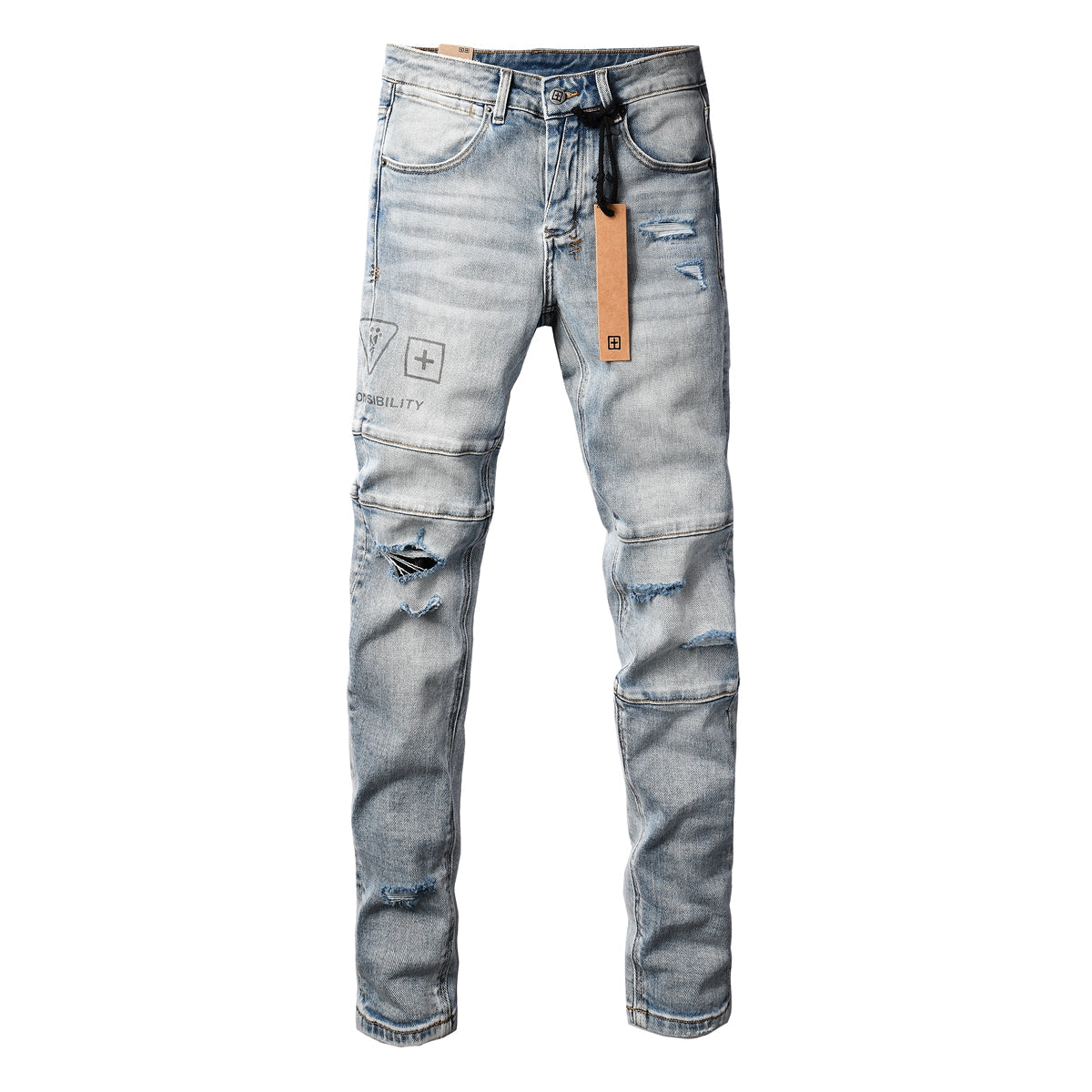 Purple Jeans Edgy Streetwear Men’s Light Blue Ripped Skinny Jeans with Futuristic Symbol Graphic Patches and Heavy Distressing 3048