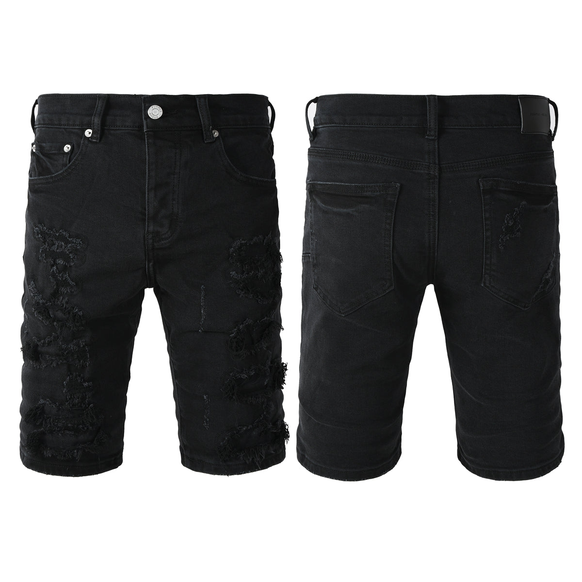 Purple Jeans Edgy Distressed Black Denim Shorts with Destroyed Rips for Men’s Summer Fashion 5108