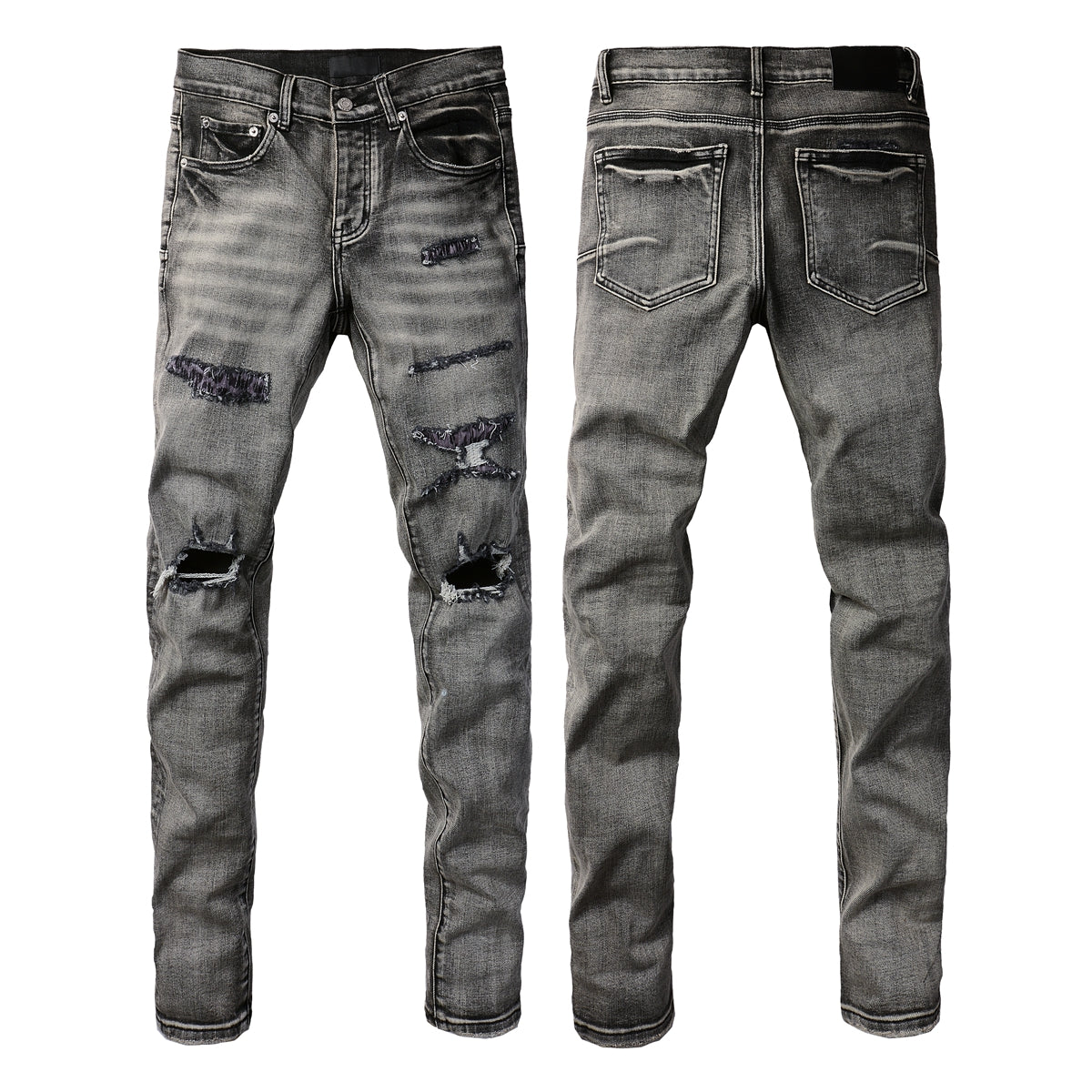 Purple Jeans Men Classic Streetwear Jeans Distressed Black Grey Ripped Skinny 9068