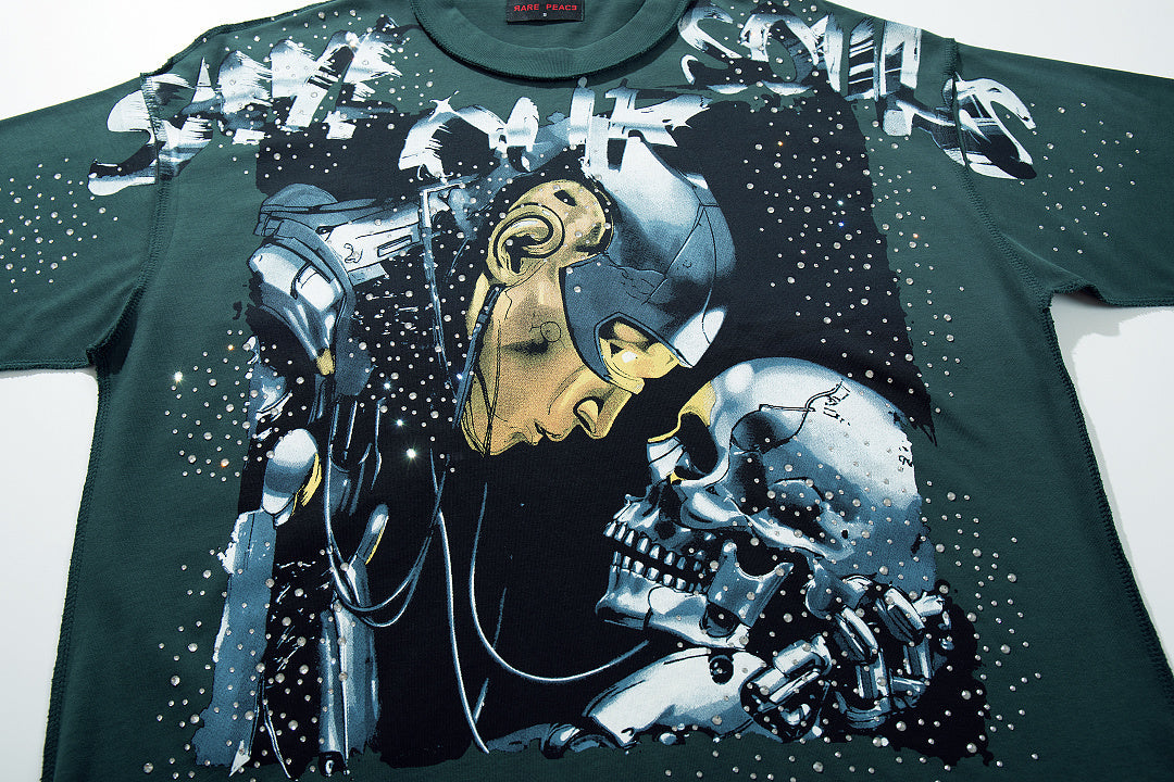 Rare Peace Vintage Rhinestone Graphic Oversized Street T-Shirt