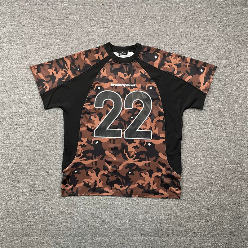 Broken planet color blocking splicing camouflage short sleeved T-shirt