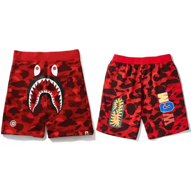 BAPE Style Camo Shark Casual Shorts - Red
