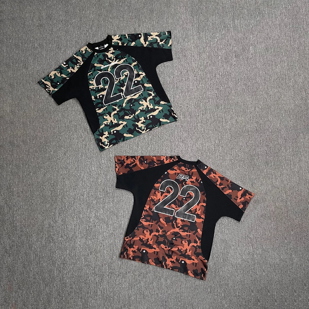 Broken planet color blocking splicing camouflage short sleeved T-shirt