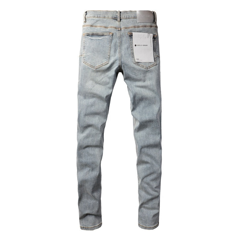 Purple Jeans Designer Stack European Jeans Men Embroidery Quilting Ripped For Vintage Pant Mens Fold Slim 9005