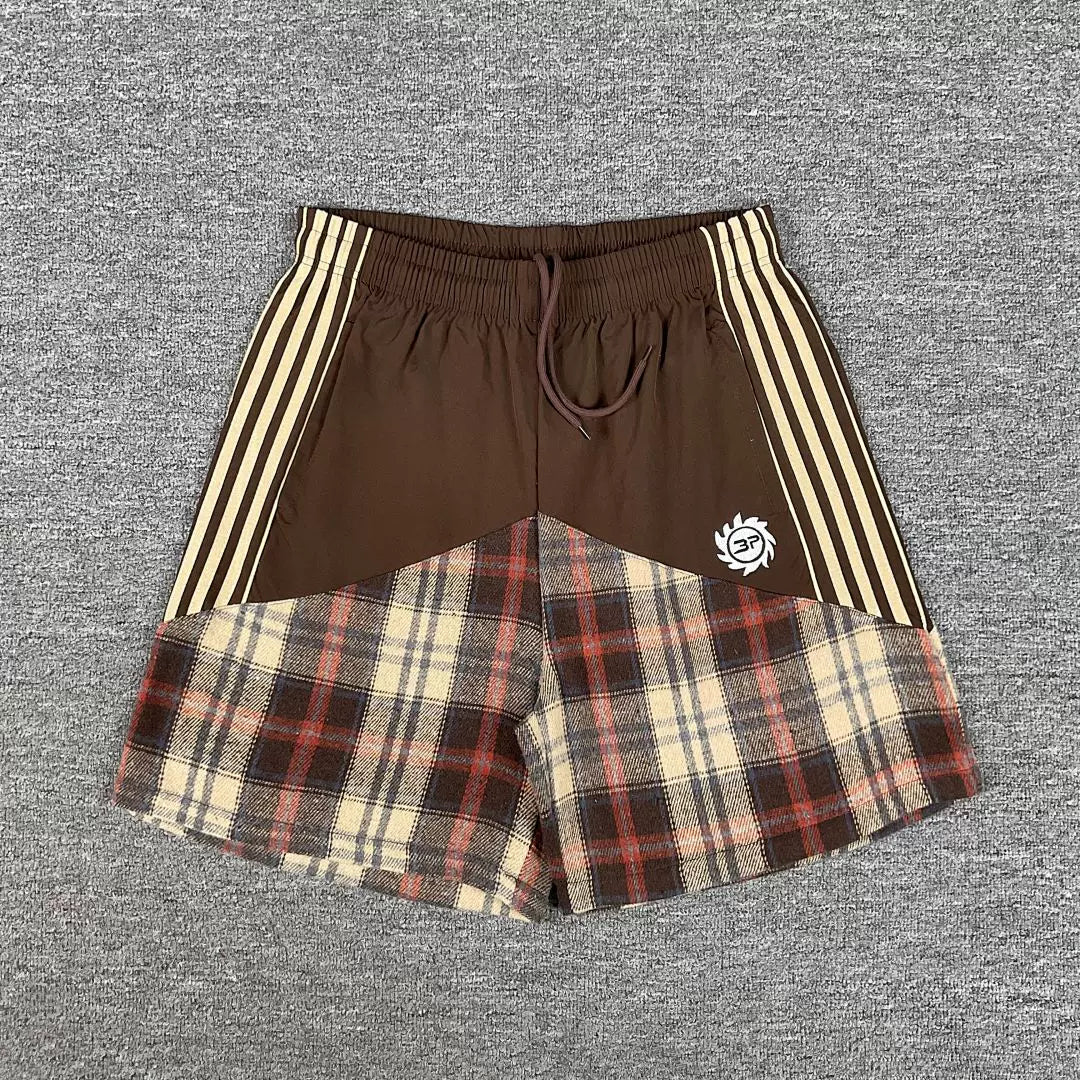 Broken Planet Retro Splicing Color Contrast Embroidered Stripe Grid Drawstring Shorts
