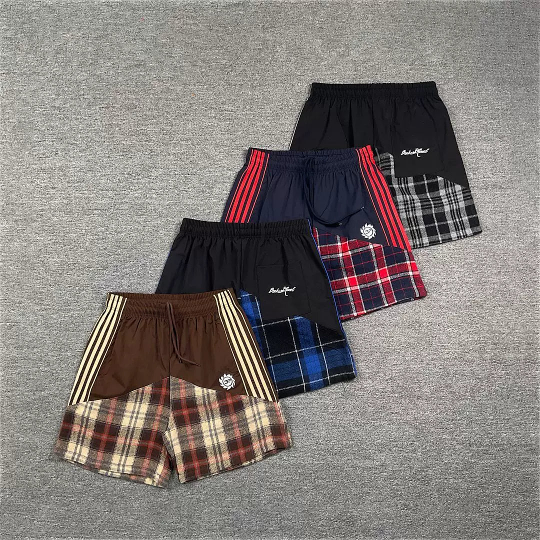 Broken Planet Retro Splicing Color Contrast Embroidered Stripe Grid Drawstring Shorts