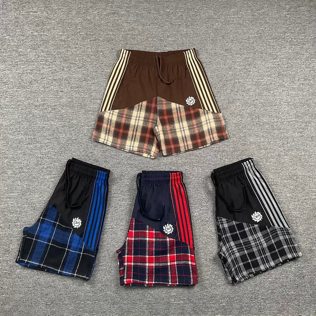 Broken Planet Retro Splicing Color Contrast Embroidered Stripe Grid Drawstring Shorts