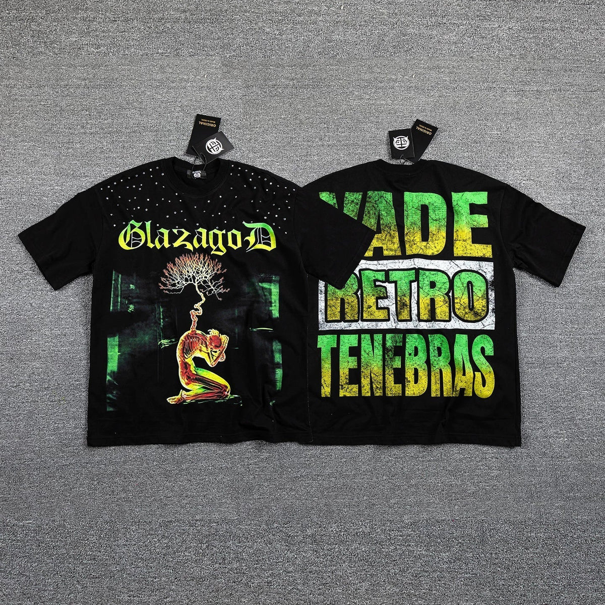GLAZA GOD Men's Gothic Graphic Oversized T-Shirt – Green Print Streetwear Double-Sided Casual Tee