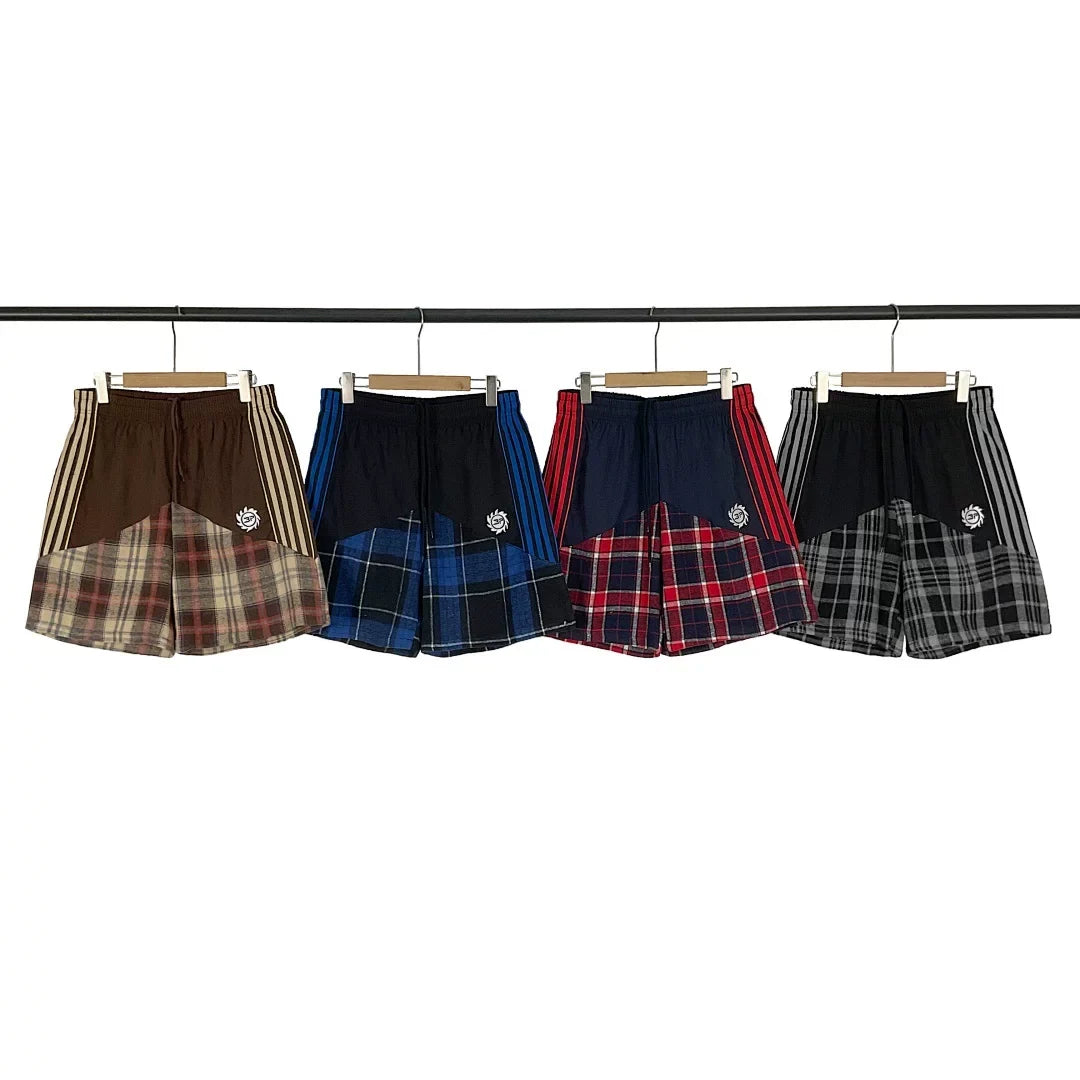 Broken Planet Retro Splicing Color Contrast Embroidered Stripe Grid Drawstring Shorts