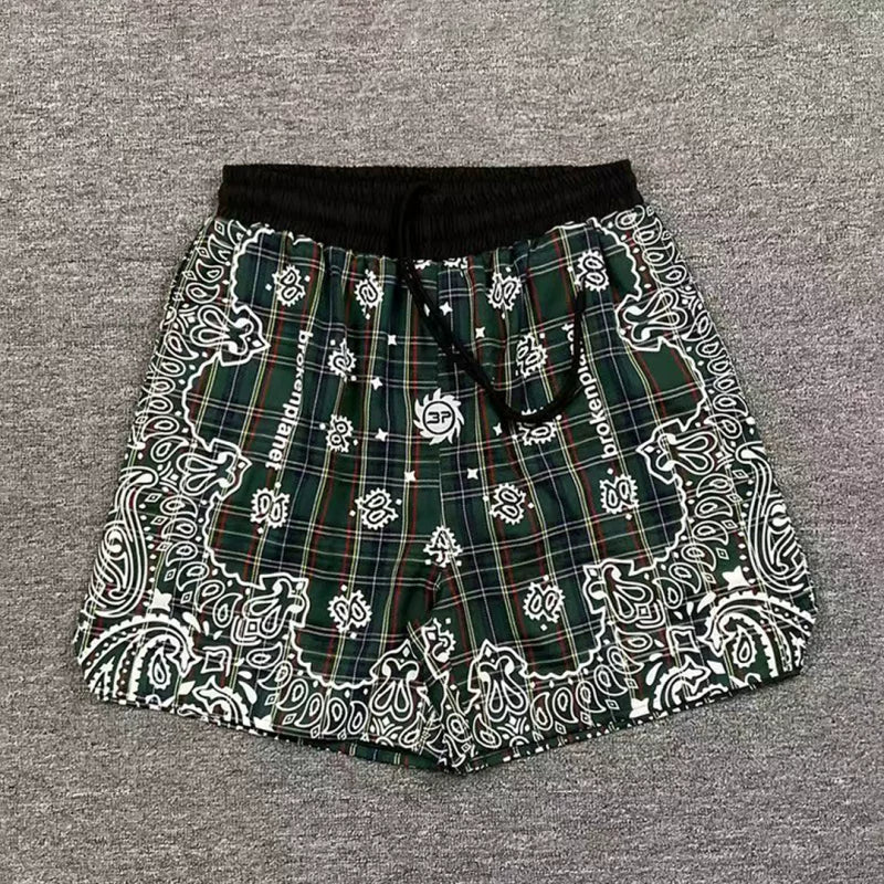 Broken Planet embroidered cashew flower full print striped checkered drawstring shorts