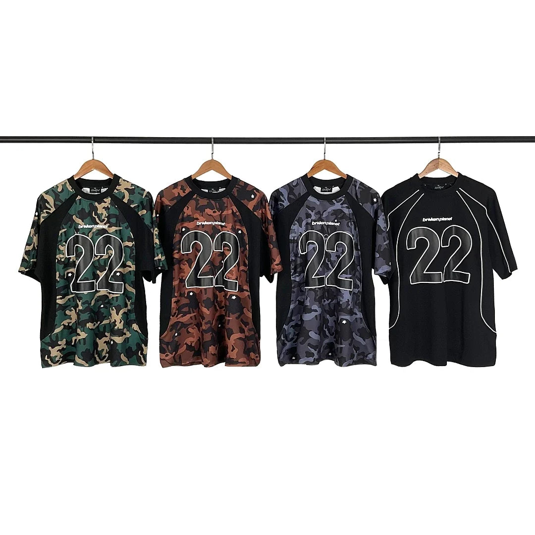 Broken planet color blocking splicing camouflage short sleeved T-shirt