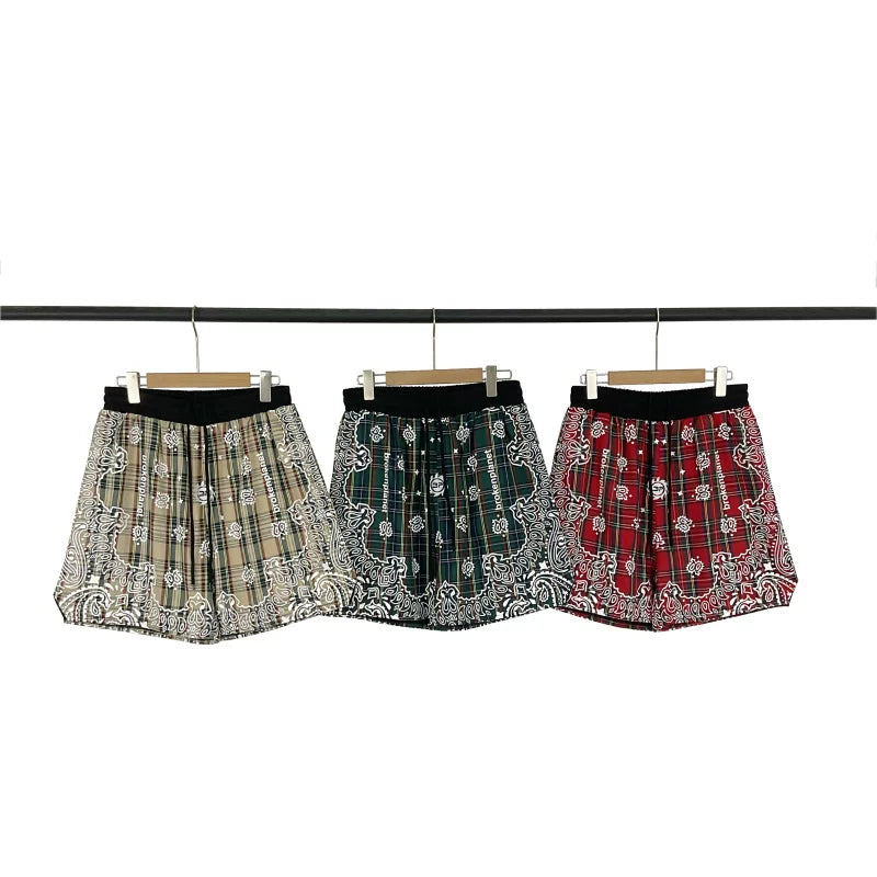 Broken Planet embroidered cashew flower full print striped checkered drawstring shorts