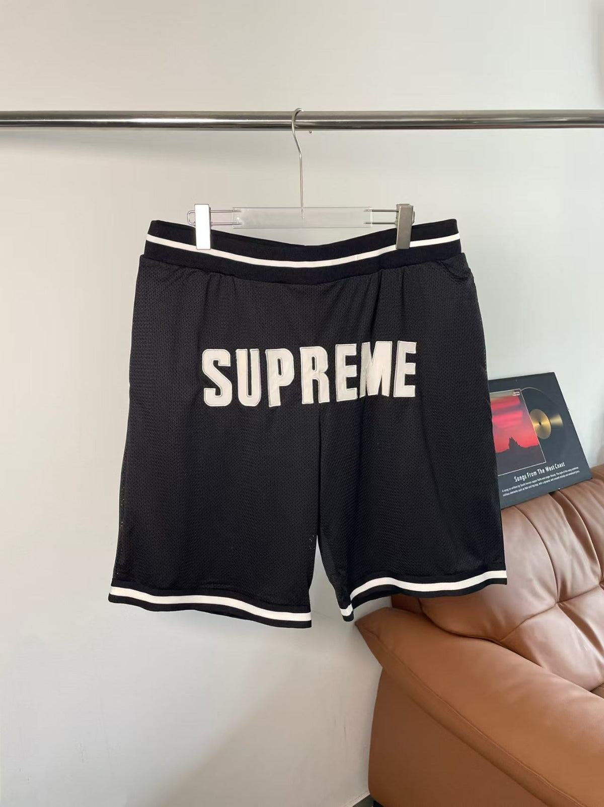 Supreme Large Letter Logo Striped Hem Basketball Shorts - Black