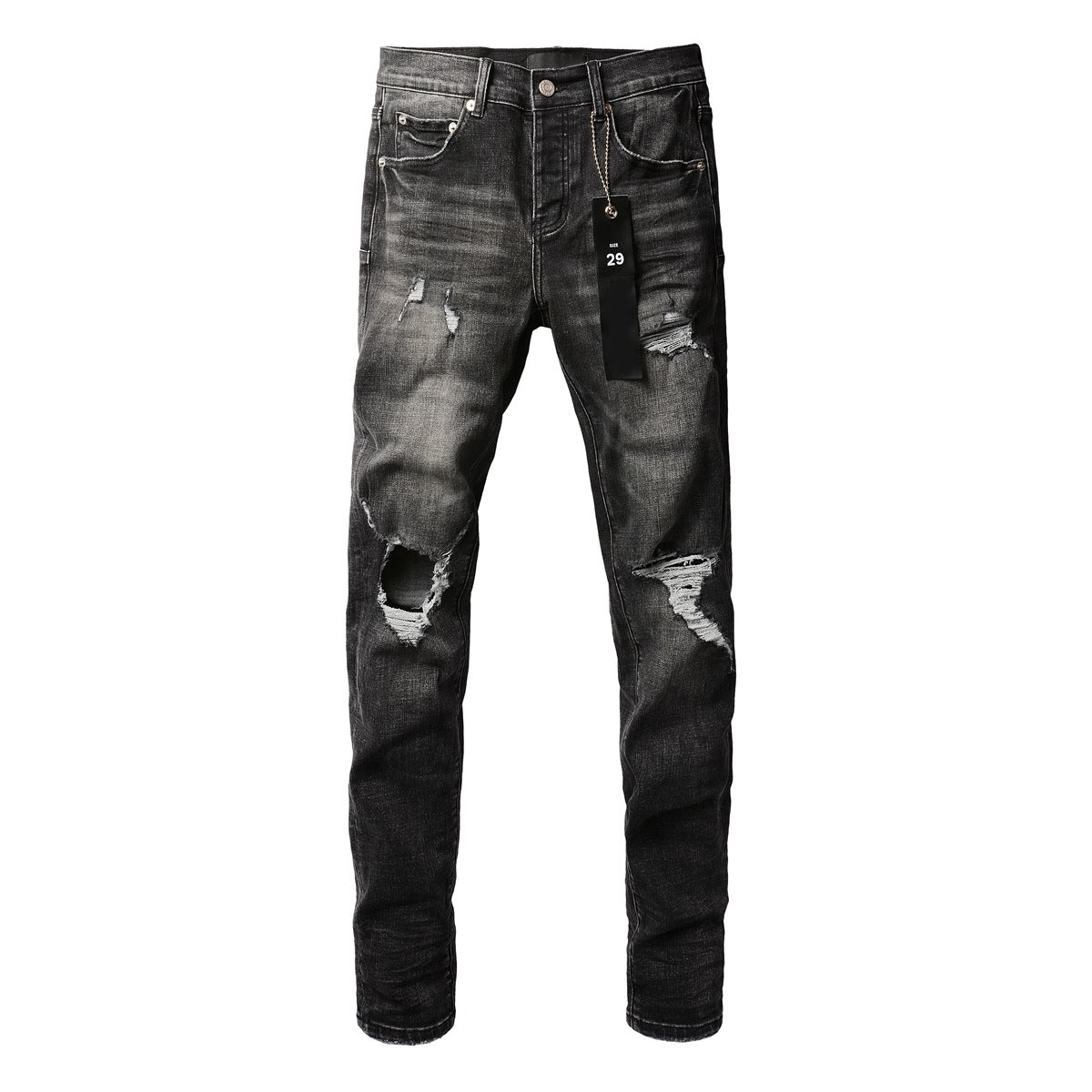 Purple Black Distressed Jeans 9079 Long Pants with Stylish Rips and Tears
