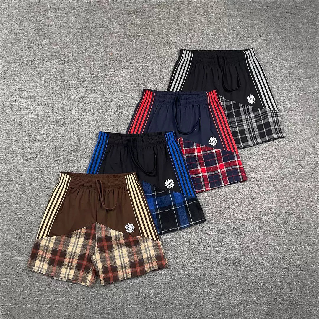Broken Planet Retro Splicing Color Contrast Embroidered Stripe Grid Drawstring Shorts
