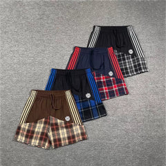 Broken Planet Retro Splicing Color Contrast Embroidered Stripe Grid Drawstring Shorts