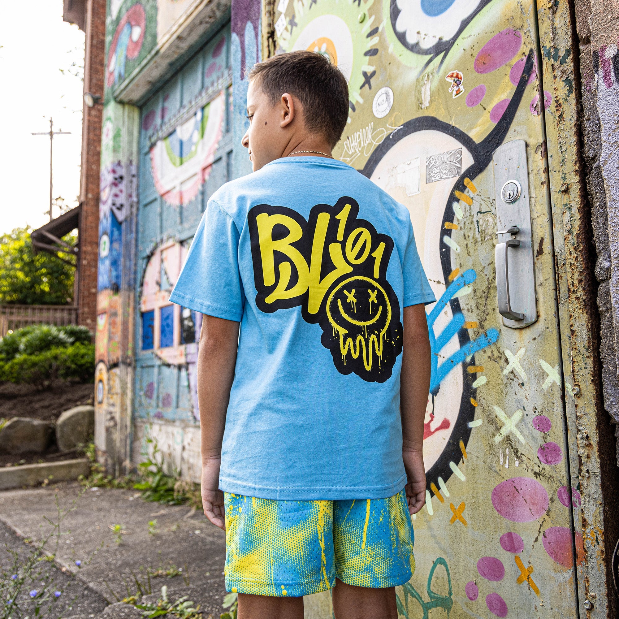 Retro Graffiti Youth Tee - Blue/Yellow
